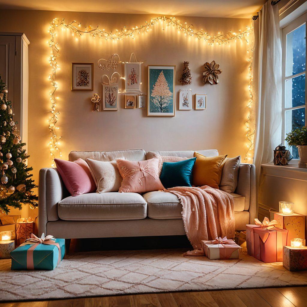 An enchanted gift box surrounded by colorful, creative gifts showcasing diverse items like handmade crafts, unique gadgets, and heartfelt cards. The background features a warm and inviting atmosphere, with twinkling fairy lights and whimsical elements like ribbons and bows floating in the air. Incorporate a cozy living room aesthetic to evoke joy and comfort around gifting. super-realistic. vibrant colors. soft focus.