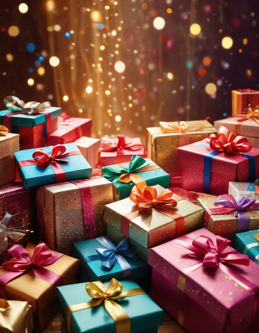 A whimsical scene featuring beautifully wrapped gift boxes adorned with high-quality gift cards peeking out, surrounded by colorful ribbons and sparkling confetti. In the background, a softly glowing light hints at secrets to be discovered, while diverse hands are playfully reaching for the gifts. The atmosphere should evoke a sense of joy and celebration, perfect for a festive occasion. vibrant colors. soft focus.