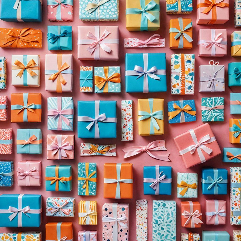 An artistic collage of colorful, affordable gift items like handmade crafts, quirky gadgets, and personalized gifts, set against a whimsical and playful background. Include elements like ribbons, gift boxes, and price tags highlighting budget-friendly prices. The scene should invoke a sense of creativity and joy, appealing to the idea of thoughtful gifting without extravagance. soft pastel colors. vibrant illustrations.